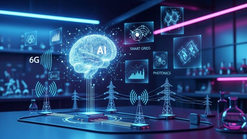 A digital illustration showing AI and smart grid systems with glowing blue circuits, representing the future of electrical technology and innovation.