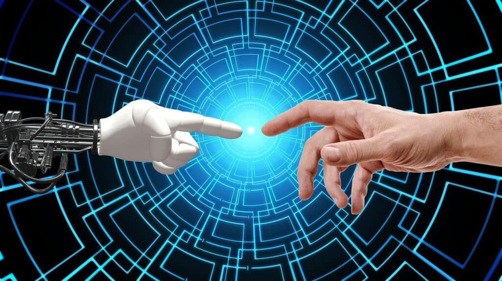 A robotic hand and a human hand reaching toward each other in a digital blue circuit background, symbolizing innovation and connection in electrical technology.