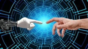 A robotic hand and a human hand reaching toward each other in a digital blue circuit background, symbolizing innovation and connection in electrical technology.