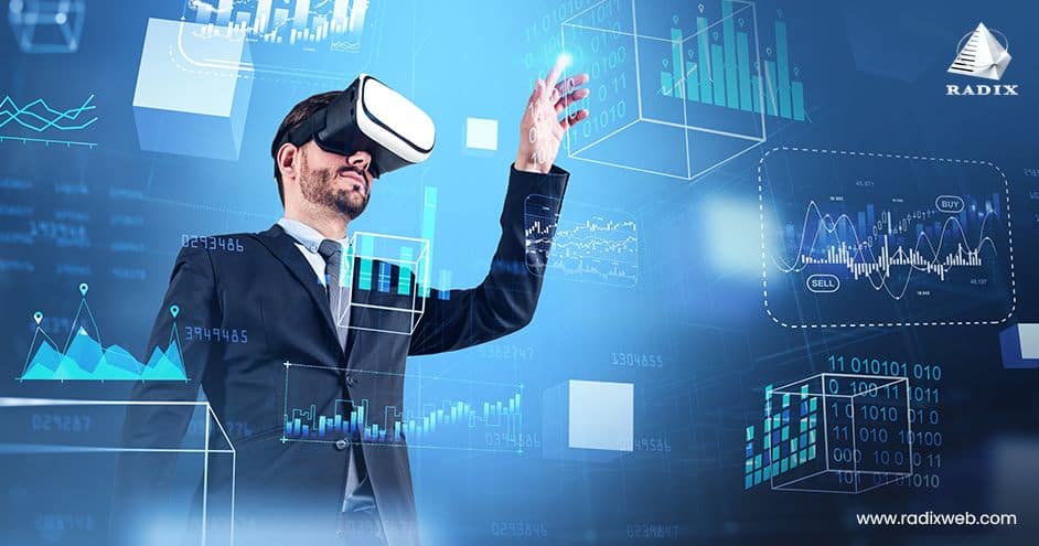 Business professional using virtual reality headset to interact with digital data visualization dashboards and futuristic financial analytics.
