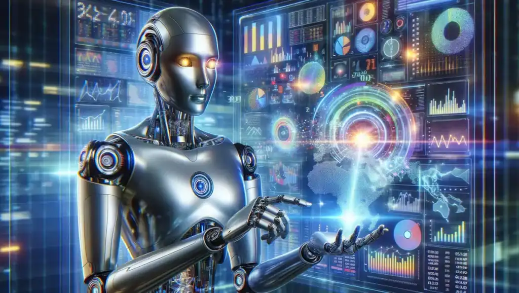 A futuristic humanoid robot analyzing digital holographic data and advanced analytics, representing what future technology is coming next in AI and robotics.