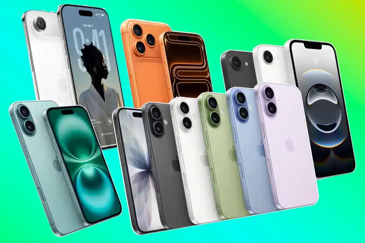 “Latest iPhone models 2025 lineup showing multiple colors and designs including iPhone 15 and iPhone 16 series on a vibrant gradient background.”