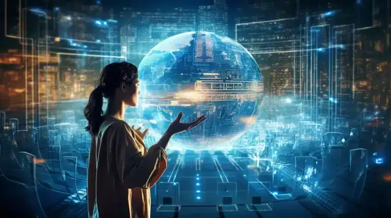 A woman interacting with a holographic digital globe in a futuristic city, representing what future technology is coming next in AI, holograms, and smart innovation