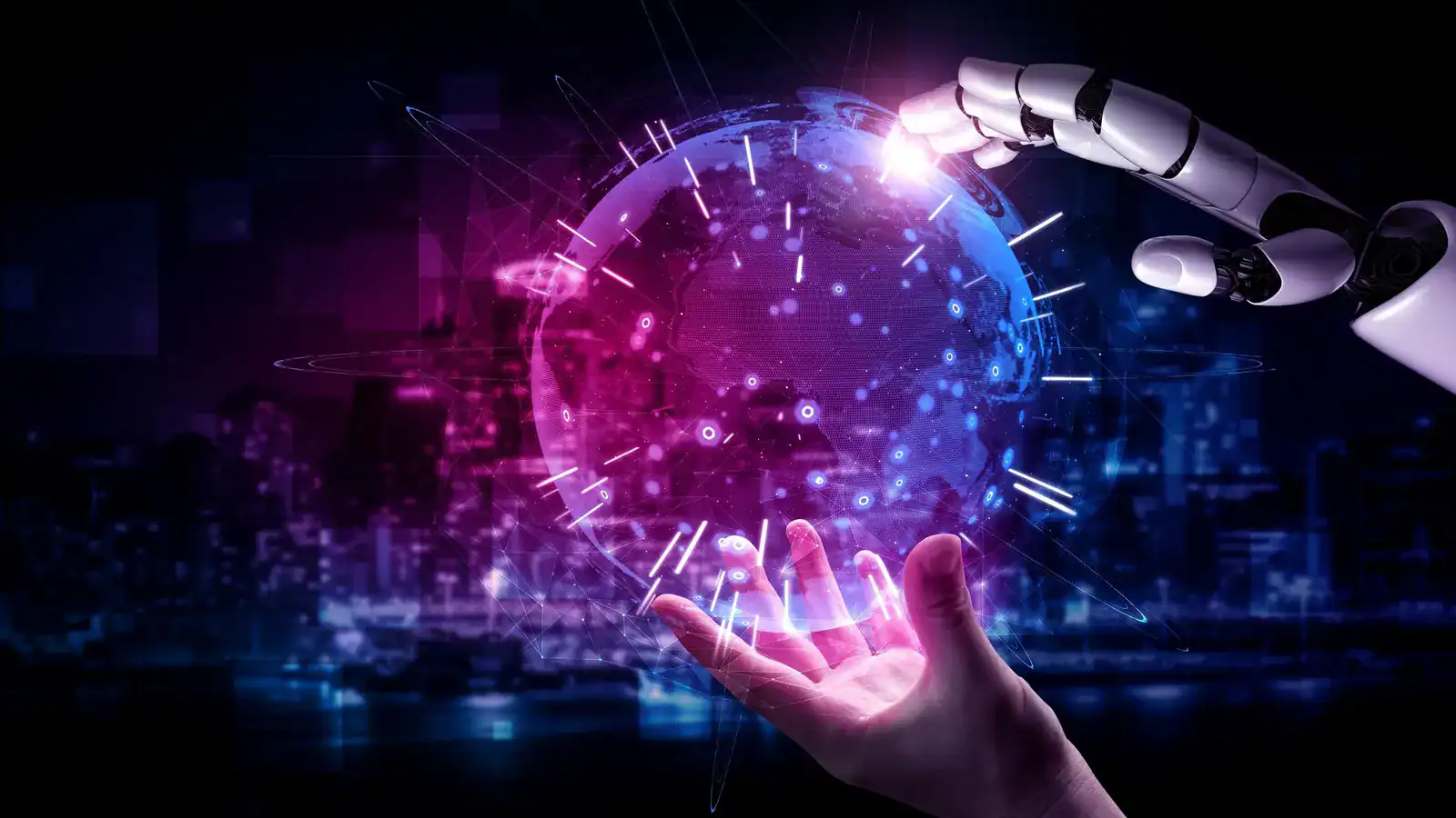 A robotic hand and human hand interacting with a digital hologram globe, representing American future technology, artificial intelligence, and advanced innovation.