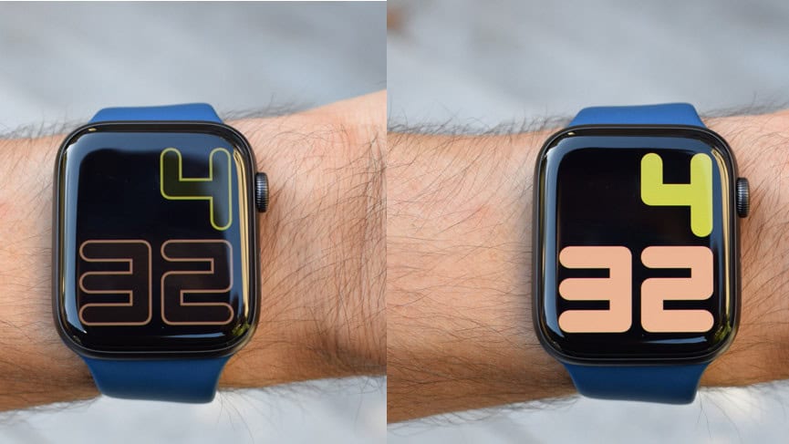 “Apple Watch showing dim and bright display comparison on wrist with large digital watch face”