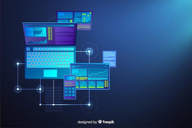 Computer technology digital systems concept showing connected laptop, tablet, and data interface on blue background