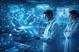 Future of technology in healthcare showing AI-powered diagnosis, robotic surgery, telemedicine, and smart medical systems