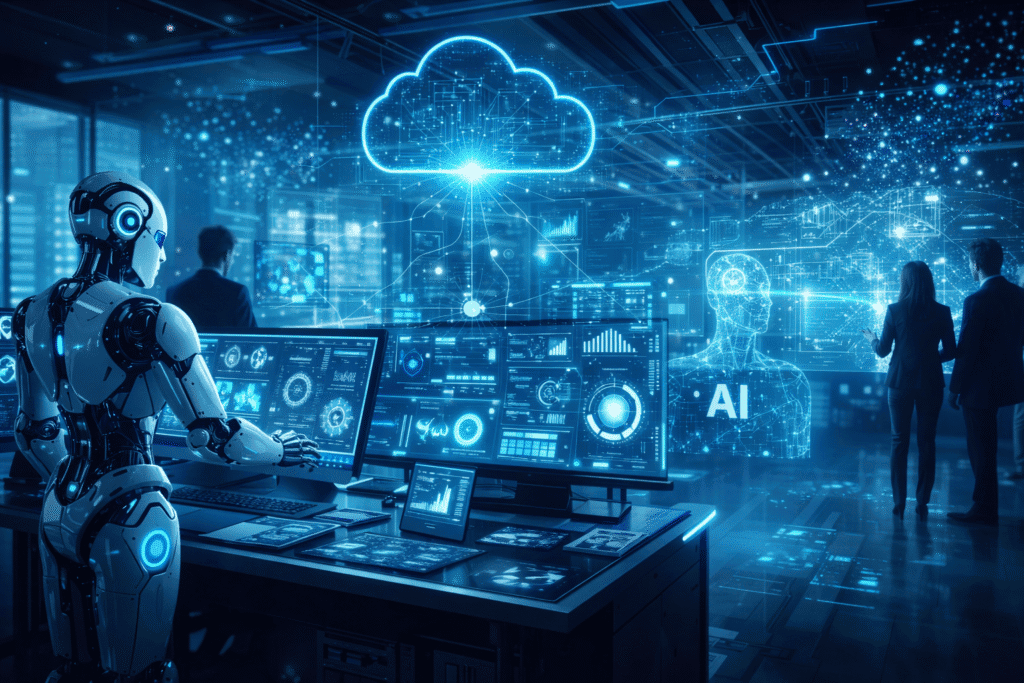 Future Tech Enterprise showcasing AI automation, cloud computing, and digital transformation in modern business environment