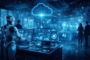 Future Tech Enterprise showcasing AI automation, cloud computing, and digital transformation in modern business environment