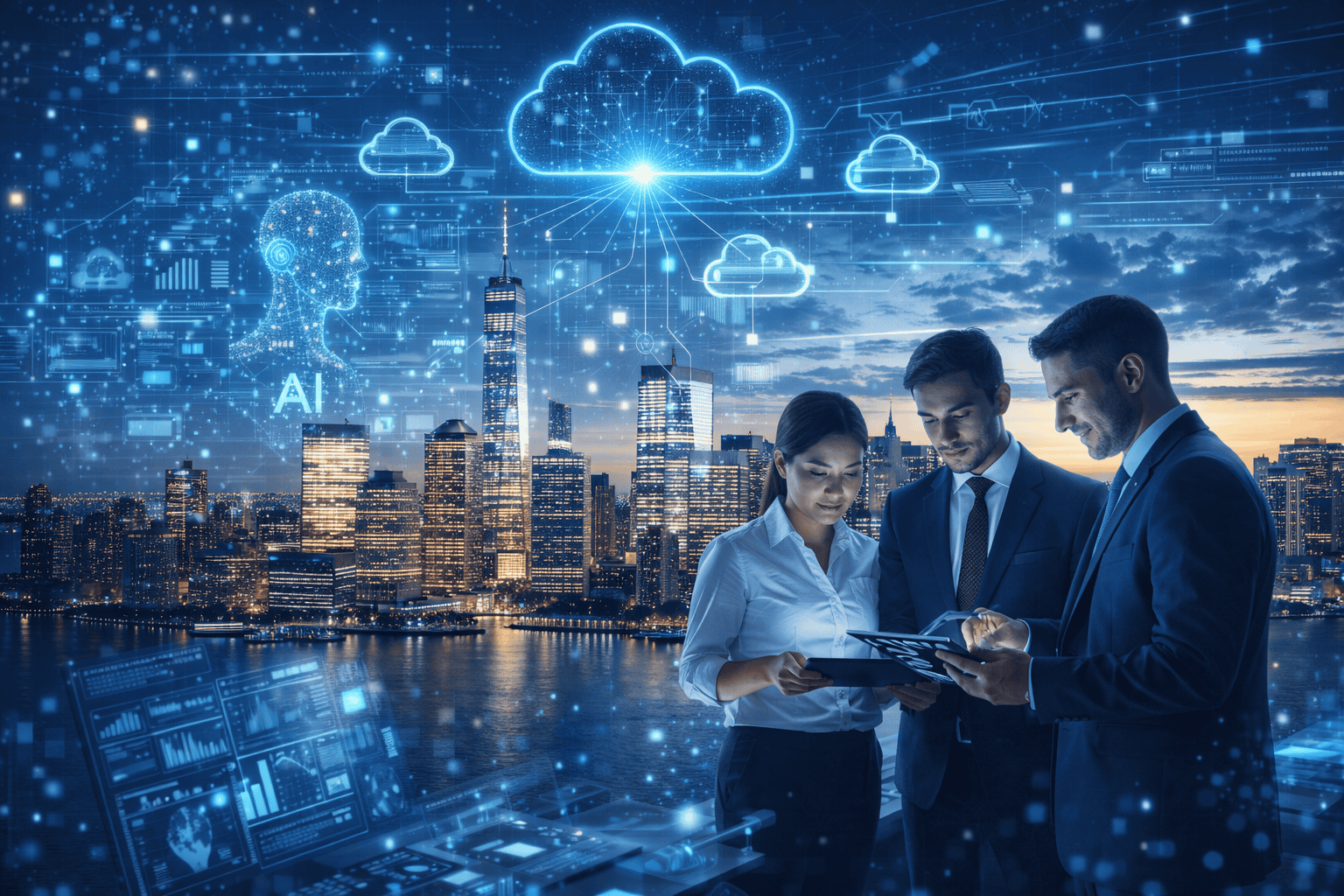 New York Technology Partners showcasing digital innovation, cloud computing, and AI solutions with the New York City skyline