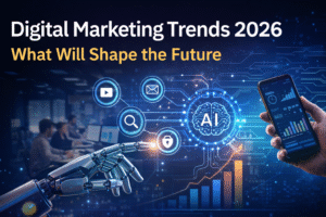 Digital illustration showing AI-powered digital marketing trends 2026, with analytics charts, search icons, artificial intelligence graphics, and a smartphone displaying business growth data.