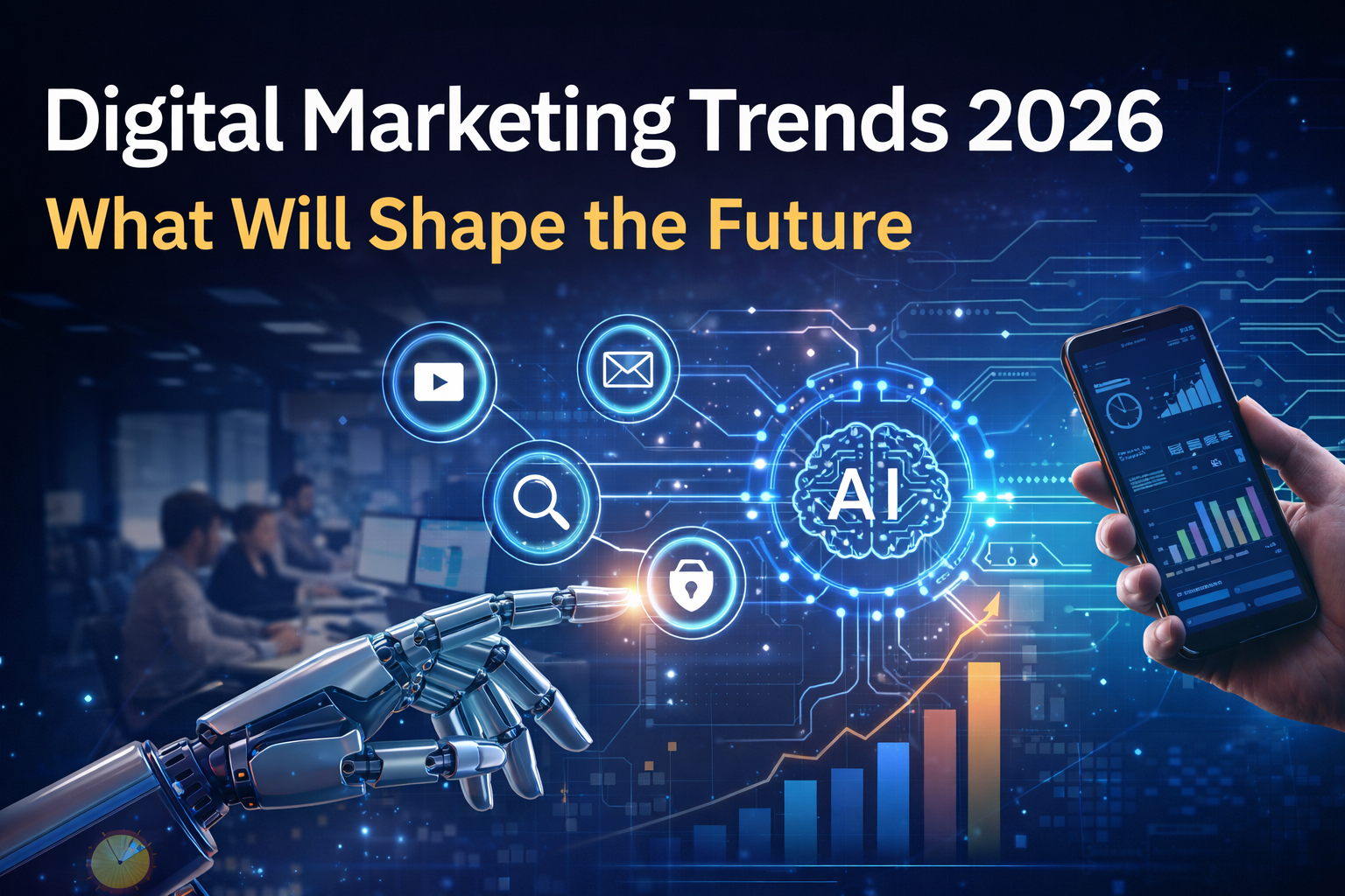 Digital illustration showing AI-powered digital marketing trends 2026, with analytics charts, search icons, artificial intelligence graphics, and a smartphone displaying business growth data.