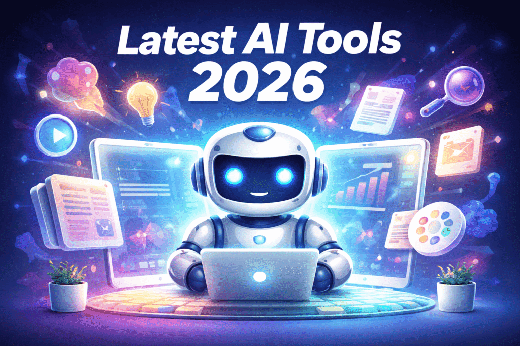 Latest AI tools 2026 free feature image showing a friendly AI robot using a laptop with icons for writing, design, video, and productivity tools.