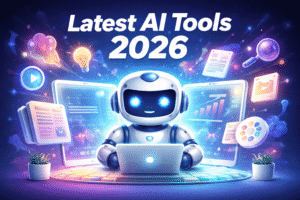 Latest AI tools 2026 free feature image showing a friendly AI robot using a laptop with icons for writing, design, video, and productivity tools.