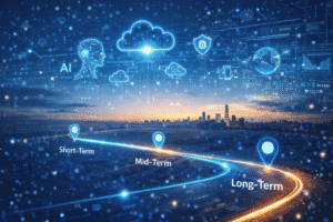 Future technology roadmap showing short-term, mid-term, and long-term technology milestones with AI, cloud computing, and digital innovation concepts