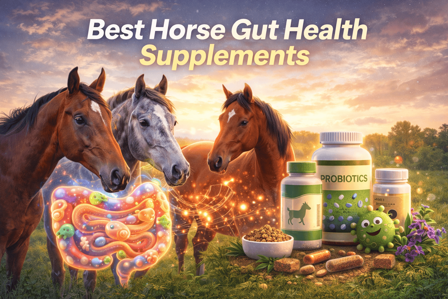Best horse gut health supplements showing healthy horses, probiotics, and digestive support for equine gut balance.