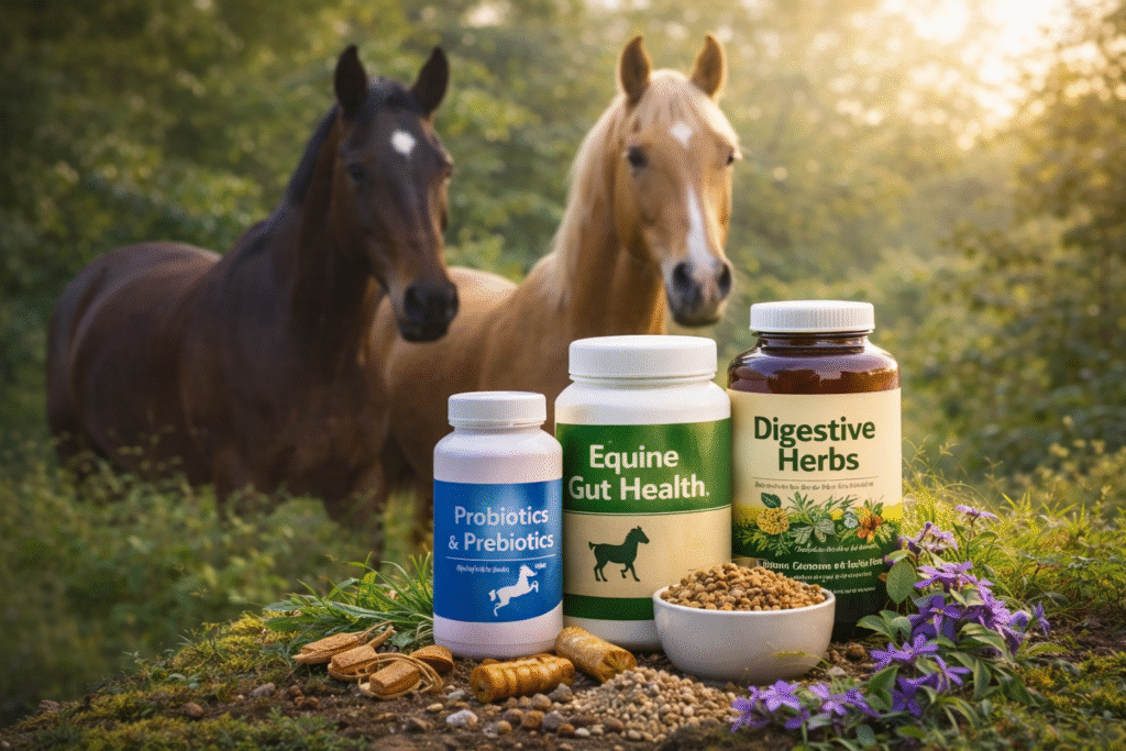 Natural gut health supplements for horses with probiotics, digestive herbs, and equine gut support bottles placed in a green pasture with horses in the background