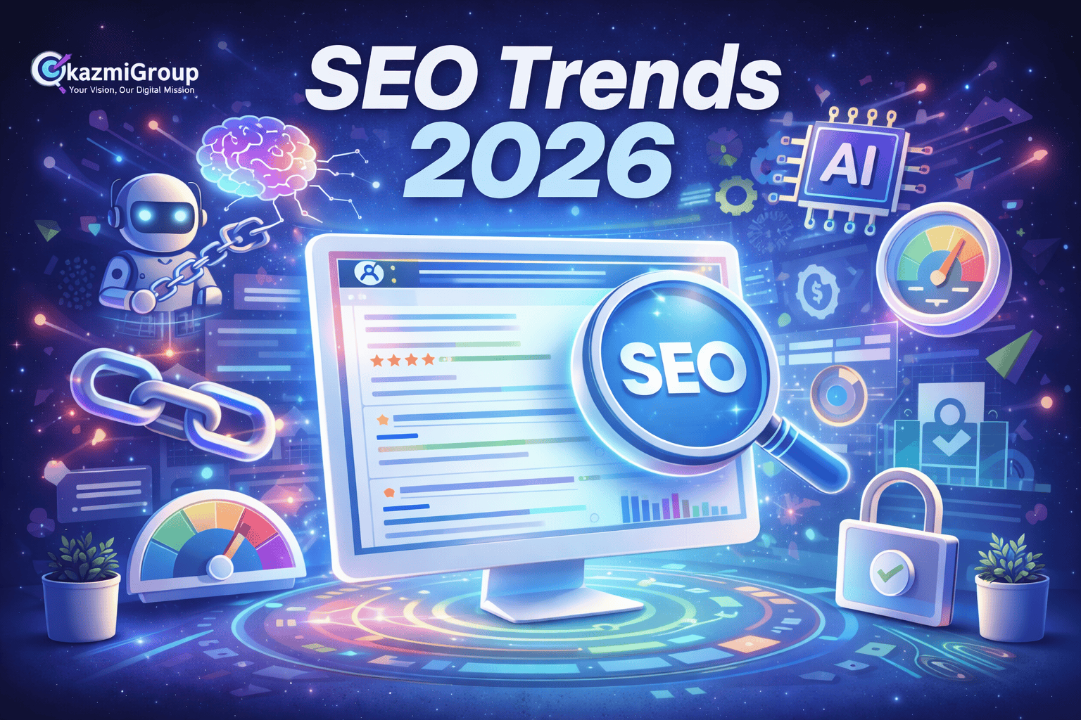 SEO trends 2026 feature image showing AI-powered search, backlinks, content analysis, and modern ranking factors