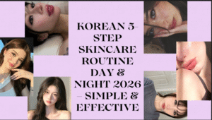 Collage banner featuring multiple close-up portraits of women with glowing, smooth skin, representing the Korean 5-Step Skincare Routine Day & Night 2026 – Simple & Effective, with soft makeup looks and a central text design on a pastel background.