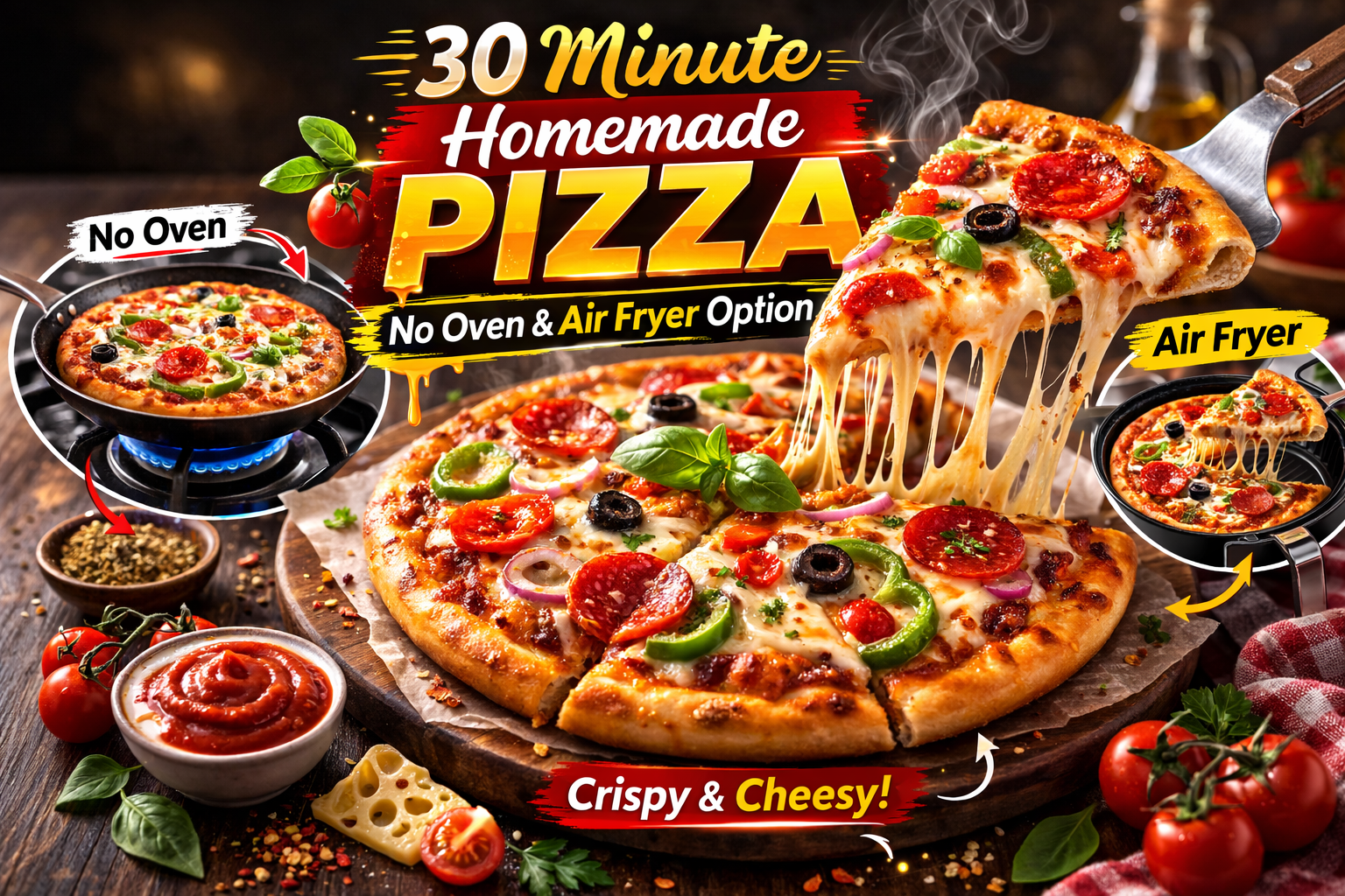 30 minute homemade pizza with melted cheese, pepperoni, olives, and vegetables, showing pan method and air fryer option for easy cooking at home.