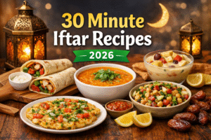 30 Minute Iftar Recipes 2026 with quick wraps, soup, chaat, and dessert