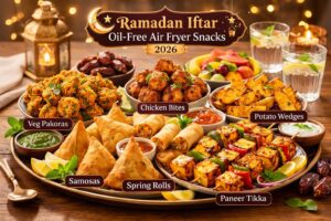 Crispy oil-free air fryer Iftar snacks for Ramadan 2026 including veg pakoras, samosas, chicken bites, spring rolls, potato wedges, and paneer tikka served on a wooden table with lemon wedges and herbs