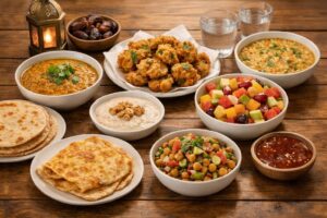 Affordable Ramadan meal plan 2026 showing suhoor and iftar dishes like lentil daal with roti, egg paratha, oatmeal with milk, vegetable pakoras, chickpea chaat, rice and lentil soup, and fruit chaat