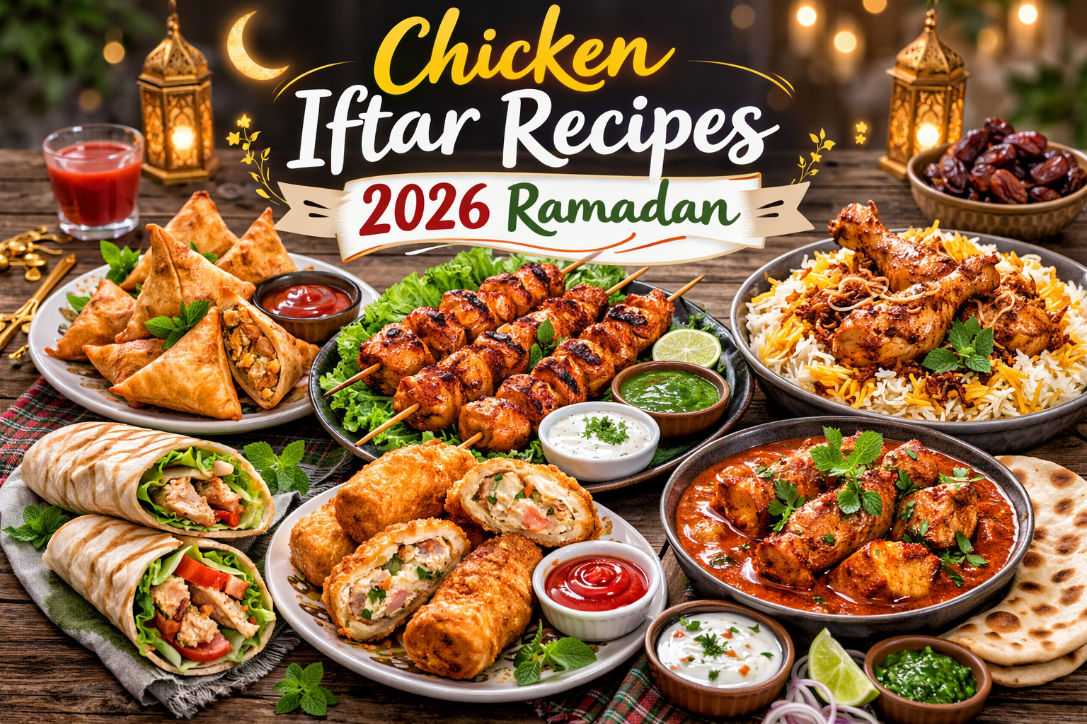 Festive Ramadan iftar table featuring chicken tikka skewers, samosas, chicken pulao, creamy bread rolls, and wraps with lanterns and dates, titled “Chicken Iftar Recipes 2026 Ramadan