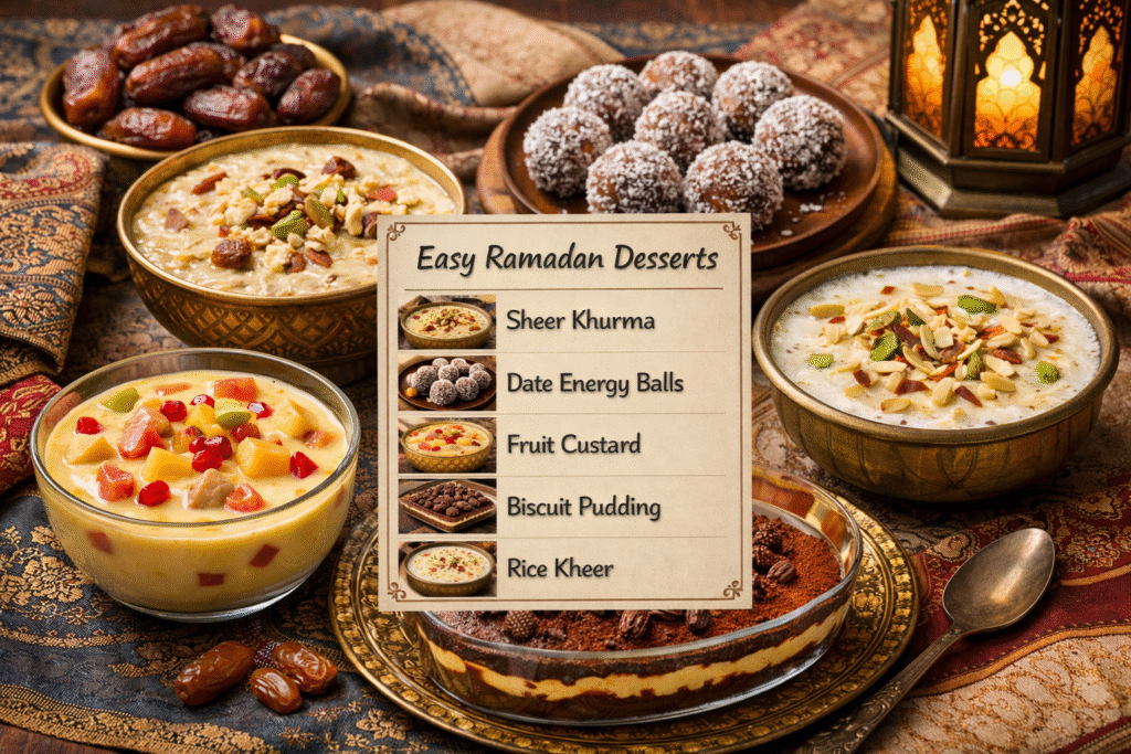 Five easy Ramadan dessert recipes including sheer khurma, date energy balls, fruit custard, biscuit pudding, and rice kheer served for Iftar
