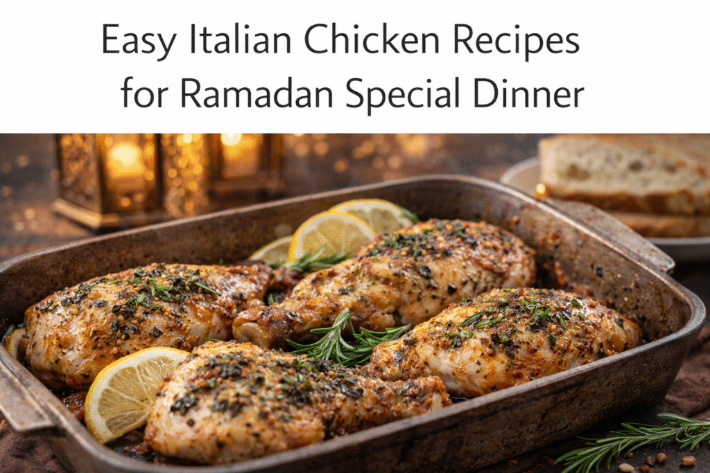 Baked Italian herb chicken in a roasting pan topped with rosemary and lemon slices, styled for Ramadan, with the heading “Easy Italian Chicken Recipes for Ramadan Special Dinner” displayed above.