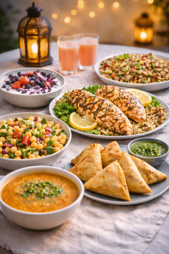 Healthy Iftar spread with grilled chicken, lentil soup, chickpea salad, baked samosas, and yogurt bowl under warm Ramadan lantern lights