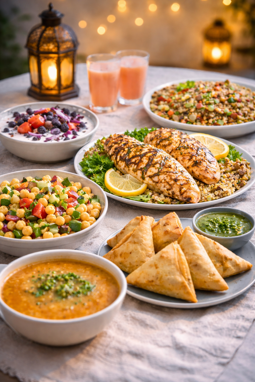 Healthy Iftar spread with grilled chicken, lentil soup, chickpea salad, baked samosas, and yogurt bowl under warm Ramadan lantern lights
