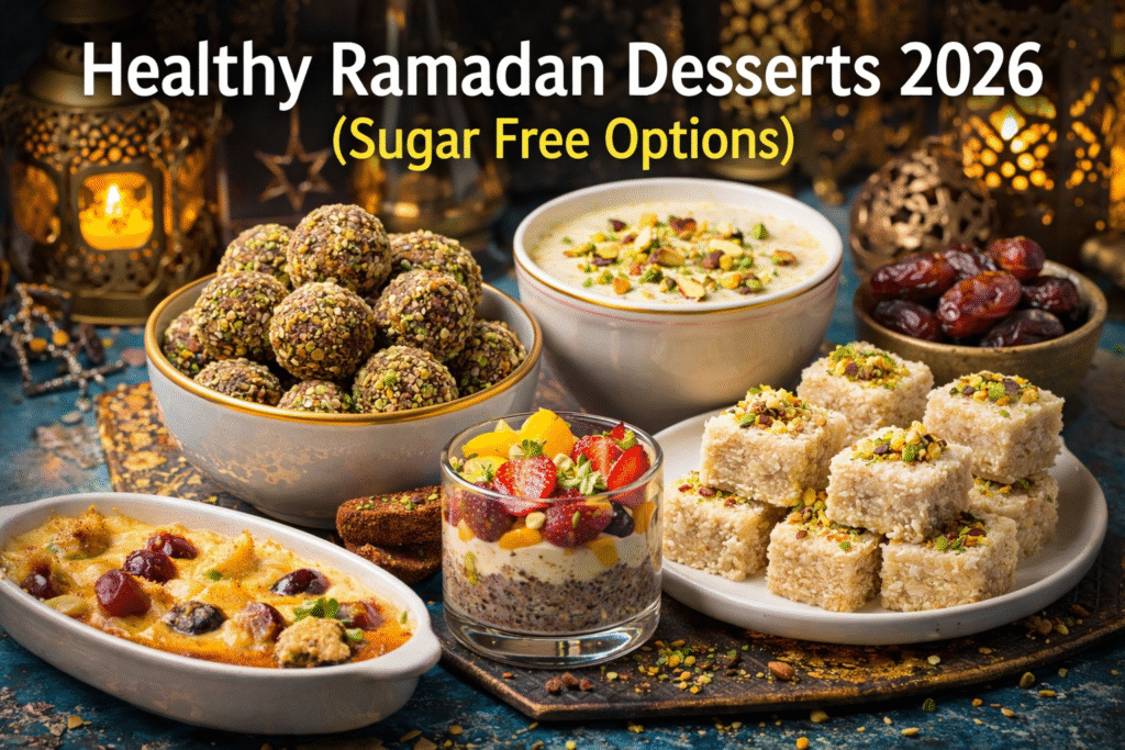 Healthy Ramadan Desserts 2026 including sugar free date energy bites, Pakistani kheer, chia pudding, coconut barfi, and baked fruit custard served with Ramadan lanterns.