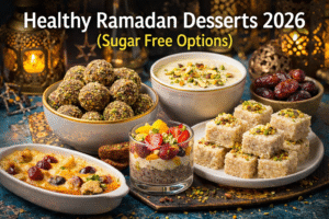 Healthy Ramadan Desserts 2026 including sugar free date energy bites, Pakistani kheer, chia pudding, coconut barfi, and baked fruit custard served with Ramadan lanterns.
