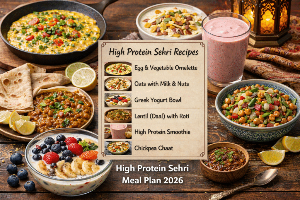 High protein Sehri meal plan featuring egg omelette, oats with milk and nuts, Greek yogurt bowl, lentil daal with roti, protein smoothie, and chickpea chaat