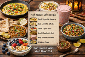 High protein Sehri meal plan featuring egg omelette, oats with milk and nuts, Greek yogurt bowl, lentil daal with roti, protein smoothie, and chickpea chaat