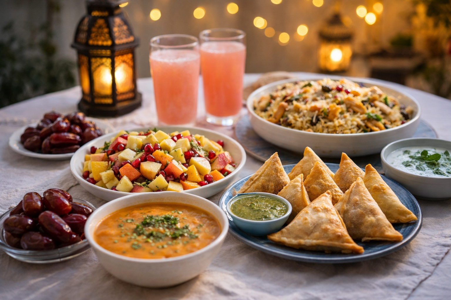 Ramadan Iftar table with fruit chaat, chicken samosas, lentil soup, dates, and pink drinks under warm lantern lights