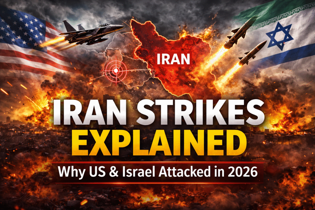 US and Israel attack Iran 2026 graphic showing missile strikes, explosions and map of Iran