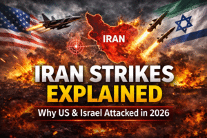 US and Israel attack Iran 2026 graphic showing missile strikes, explosions and map of Iran