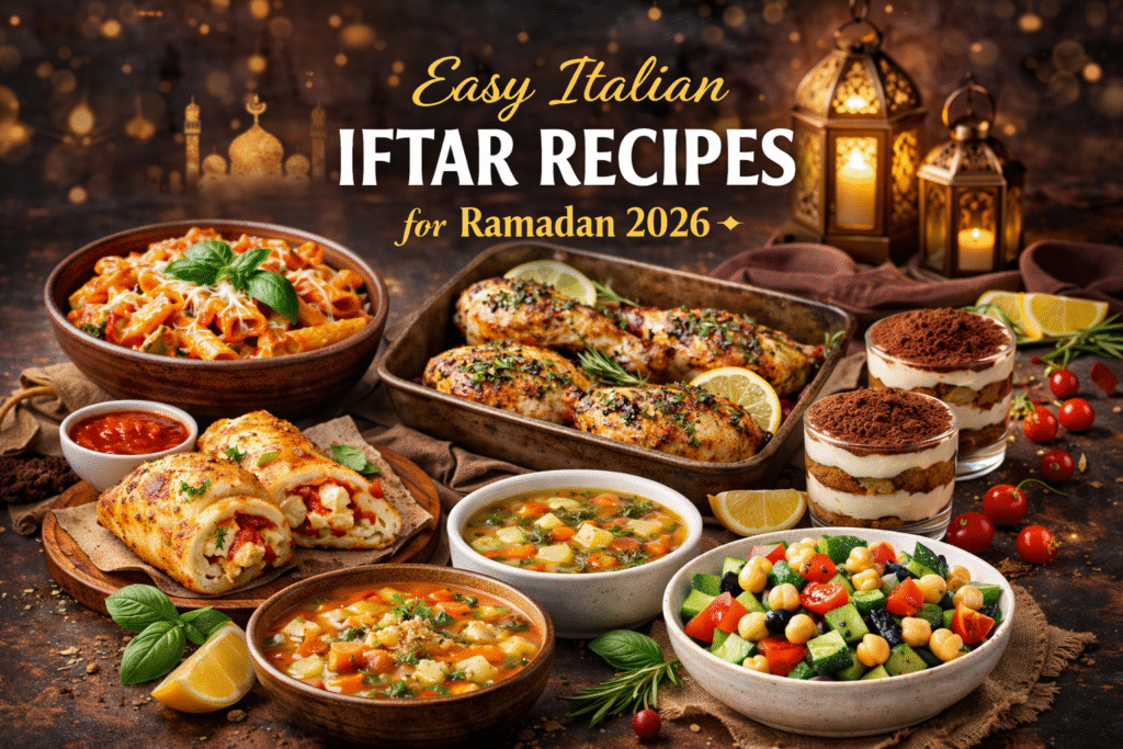 Featured image showing an elegant Italian iftar spread for Ramadan 2026 with creamy tomato pasta, herb-baked chicken, cheesy stuffed bread rolls, vegetable soup, fresh chickpea salad, and tiramisu, styled on a warm Ramadan-themed table with lanterns and crescent décor.