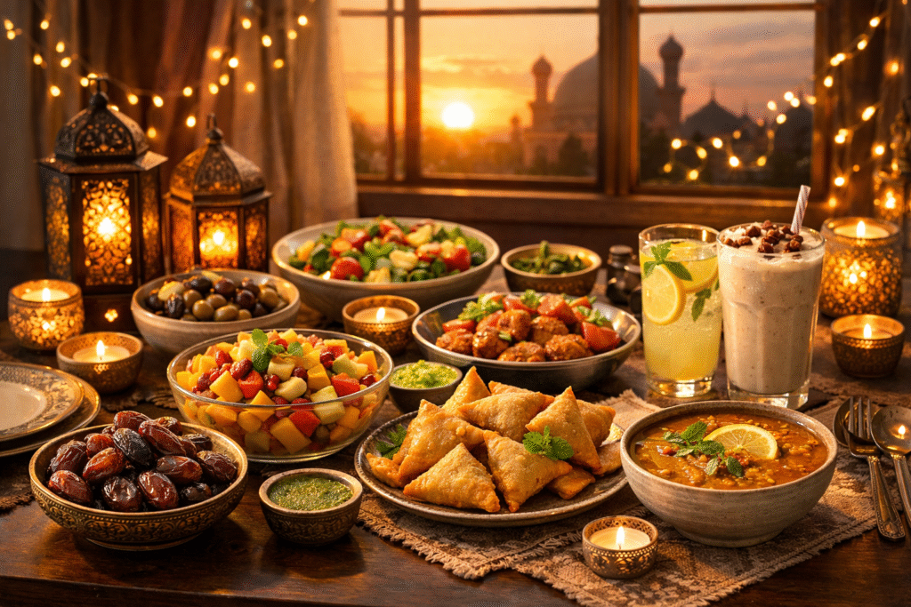 Ramadan 2026 iftar table with dates, biryani, samosas, lentil soup, fruit chaat, and fresh drinks at sunset