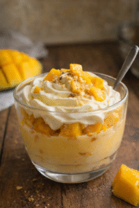 Easy mango custard dessert in a glass cup topped with whipped cream and fresh mango chunks on a wooden table, perfect quick Ramadan iftar sweet.
