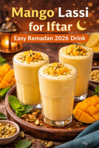 Three glasses of creamy mango lassi topped with mango cubes and pistachios, served on a wooden tray with fresh mint and chopped mango, styled in a warm Ramadan setting with lantern light and the text “Mango Lassi for Iftar – Easy Ramadan 2026 Drink.