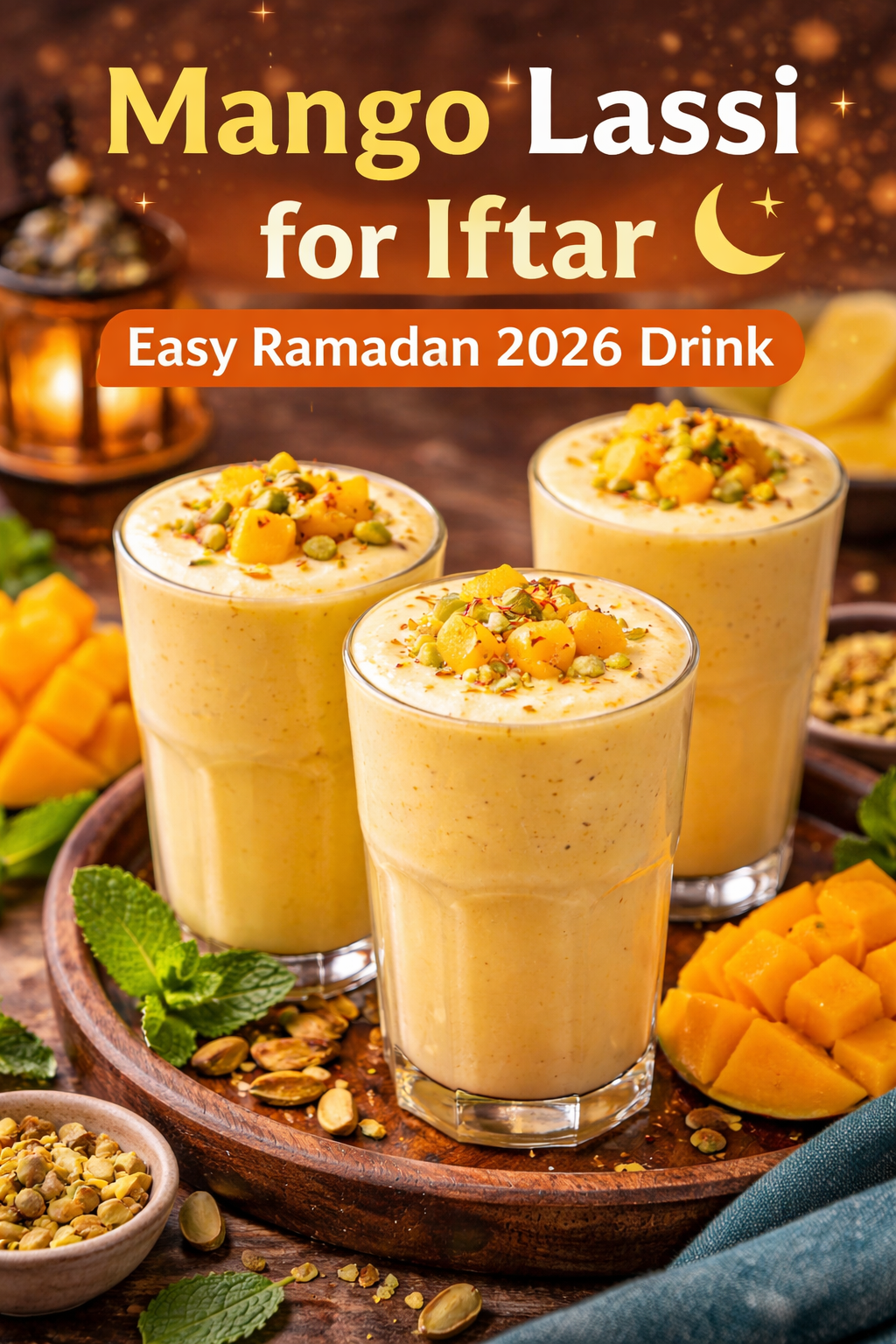 Three glasses of creamy mango lassi topped with mango cubes and pistachios, served on a wooden tray with fresh mint and chopped mango, styled in a warm Ramadan setting with lantern light and the text “Mango Lassi for Iftar – Easy Ramadan 2026 Drink.