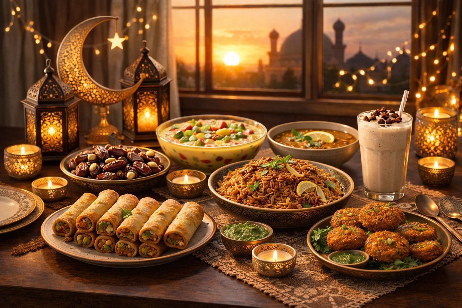 Ramadan 2026 iftar table with baked samosa rolls, brown rice biryani, lentil soup, stuffed dates, vegetable cutlets, and fruit custard at sunset
