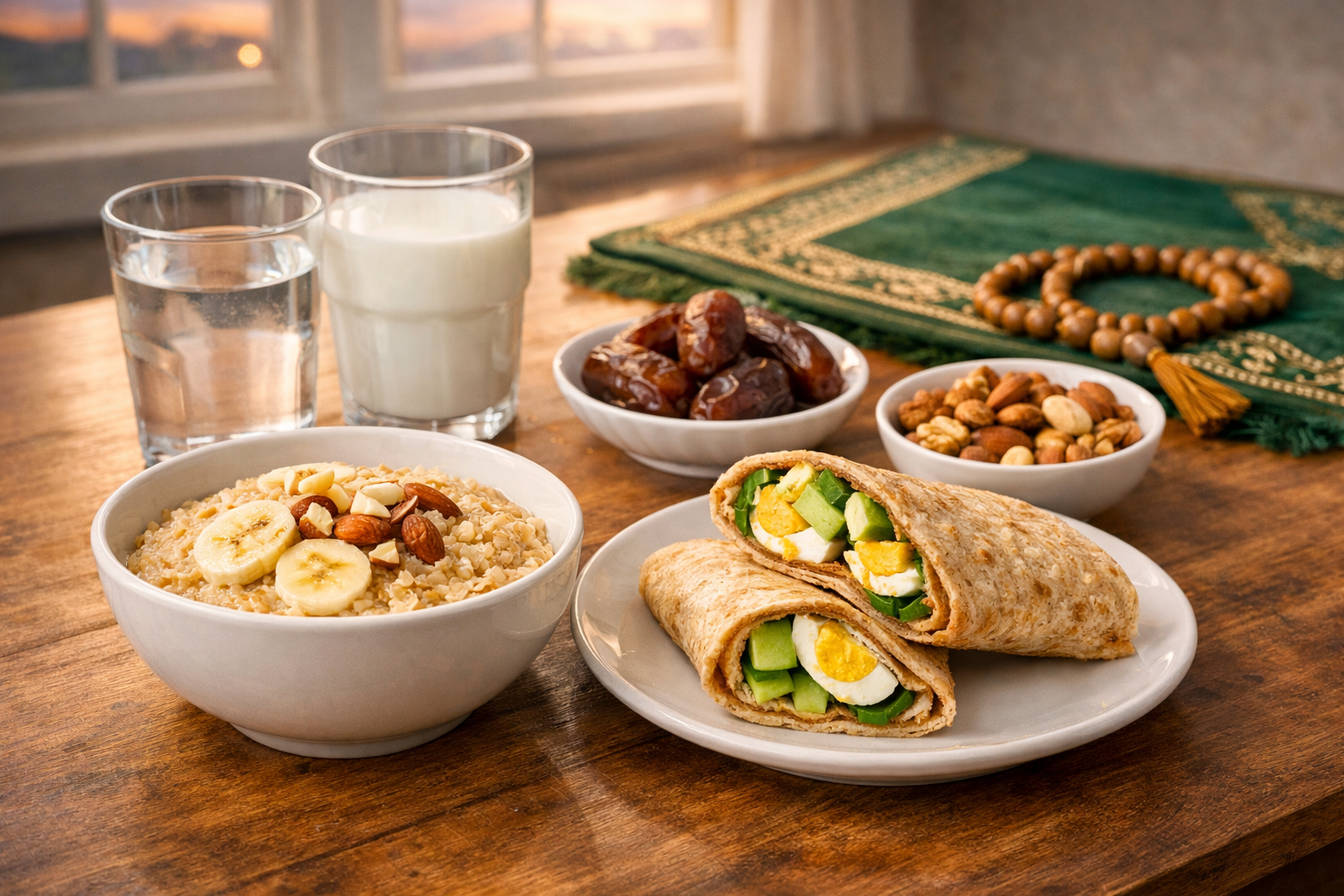 Ramadan Sehri table with oatmeal topped with banana and almonds, egg and avocado wrap, dates, mixed nuts, milk, and water placed near a prayer mat in soft morning light.