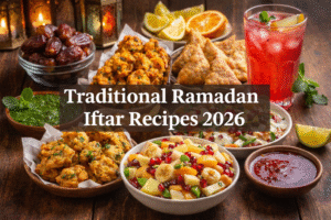 Traditional Ramadan iftar table with fruit chaat, pakoras, samosas, dahi chana chaat, dates, and Rooh Afza lemonade, featuring text “Traditional Ramadan Iftar Recipes 2026” in a warm lantern-lit setting.