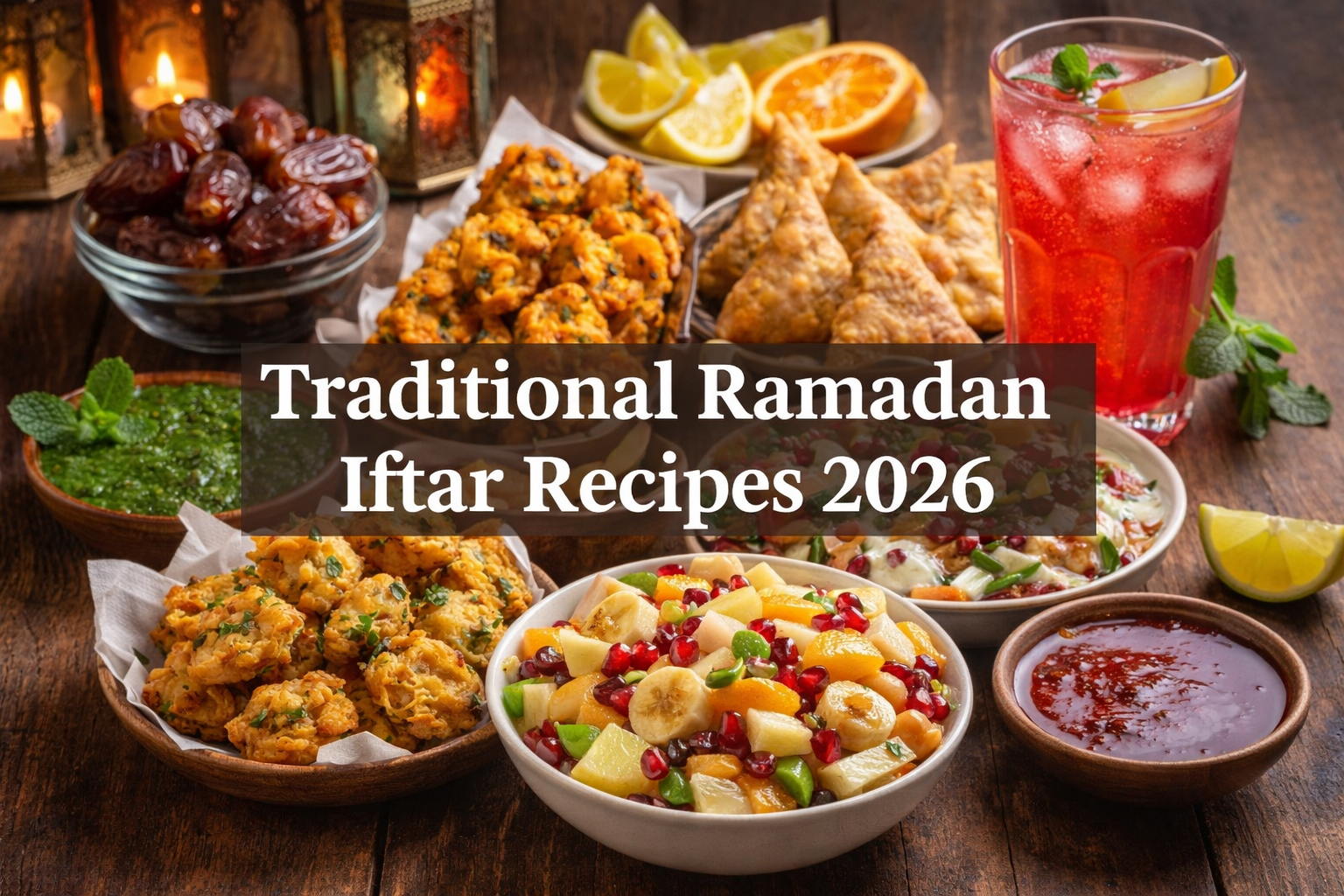 Traditional Ramadan iftar table with fruit chaat, pakoras, samosas, dahi chana chaat, dates, and Rooh Afza lemonade, featuring text “Traditional Ramadan Iftar Recipes 2026” in a warm lantern-lit setting.