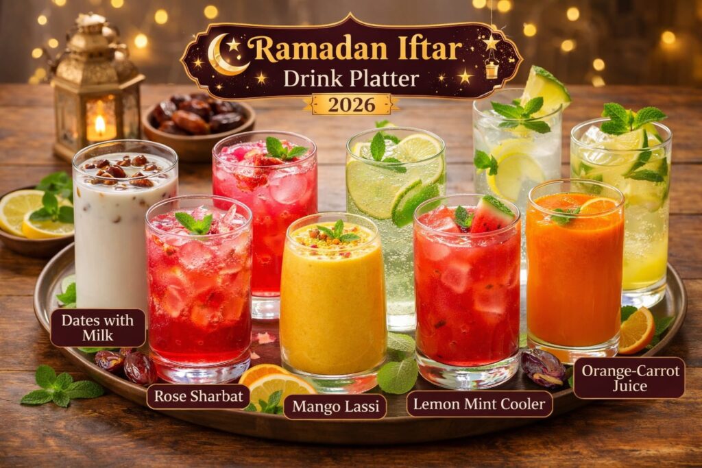 Colorful Iftar drinks for Ramadan 2026 including dates and milk, rose sharbat, mango lassi, lemon mint cooler, watermelon juice, coconut water, orange-carrot juice, and pineapple mint mocktail served on a festive table with mint and lemon garnish
