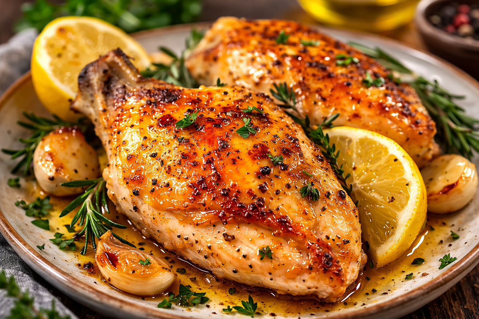 Juicy oven roasted bone-in chicken breast with crispy golden skin served with garlic butter and fresh herbs